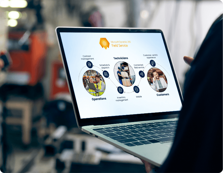 Laptop displaying Microsoft Dynamics 365 Field Service dashboard with intelligent scheduling and IoT-enabled field operations by Alphavima Technologies Canada.
