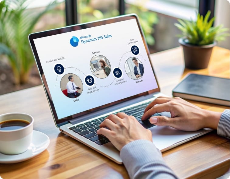 Laptop showing Microsoft Dynamics 365 Sales dashboard for customer engagement, relationship intelligence, and pipeline management by Alphavima Technologies Canada.