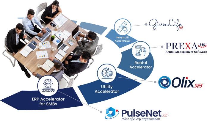 GiveLife365 nonprofit, PREXA365 rental, Olix365 utility, and PulseNet365 ERP accelerators built on Microsoft Dynamics 365 by Alphavima Technologies